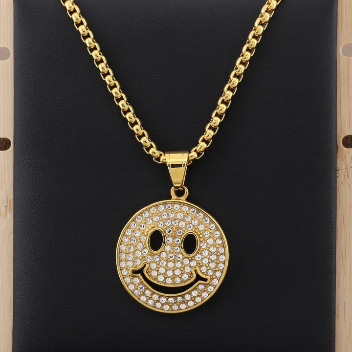 Kalen Hip Hop Zircon Smile Gold Plated Stainless Steel Coin Pendant Necklace for Men Women - kalen