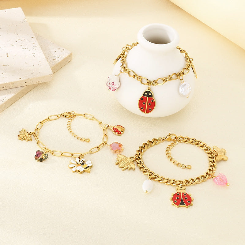 Cute Enamel Insect Charm Stainless Steel Chain Pendant Bracelet - view 1