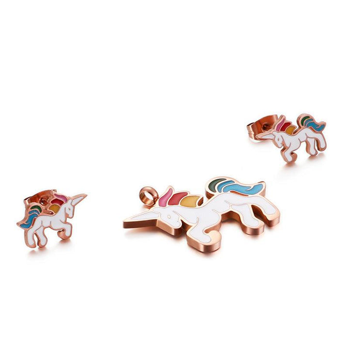 Kalen Stainless Steel Cute Enamel Unicorn Stud Earrings Pendant Necklace Set for Women - kalen