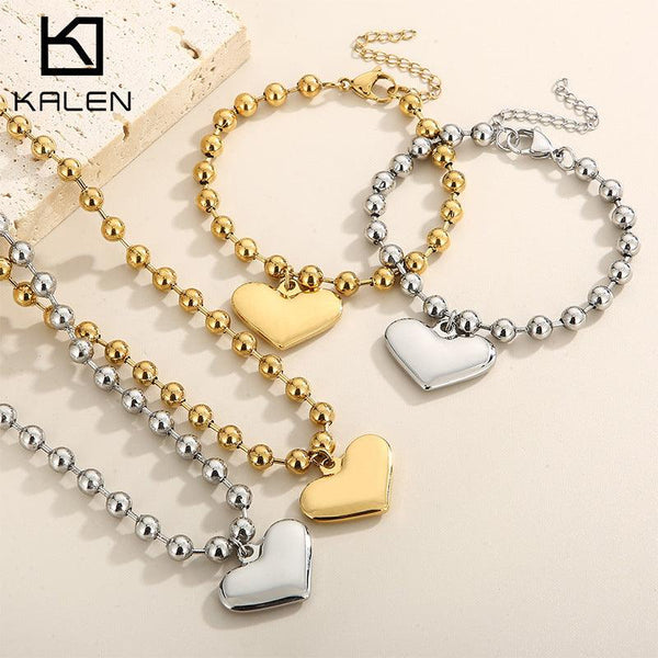 Kalen 6mm Bead Chain Heart Pendant Bracelet Necklace Jewelry Set For Women - kalen