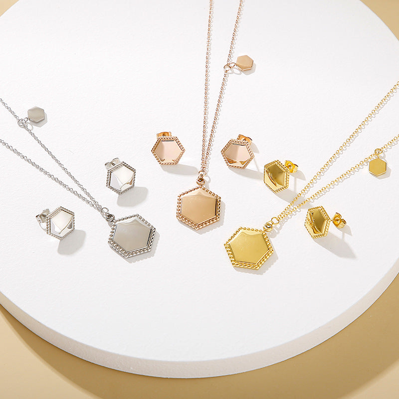 Hexagon Jewelry Set Pendant Necklace and Stud Earrings - view 1