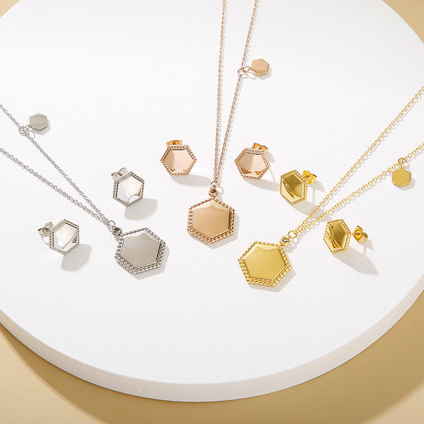 Wholesale Kalen Hexagon Jewelry Set Pendant Necklace and Stud Earrings