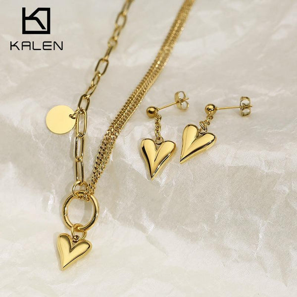 Kalen Chain Loop Chain Heart Pendant Necklaces Drop Heart Earrings Jewelry Set For Women - kalen