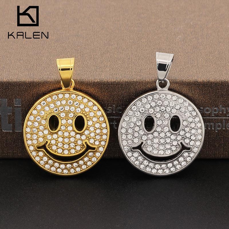 Kalen Hip Hop Zircon Smile Gold Plated Stainless Steel Coin Pendant Necklace for Men Women - kalen
