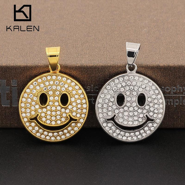 Kalen Hip Hop Zircon Smile Gold Plated Stainless Steel Coin Pendant Necklace for Men Women - kalen