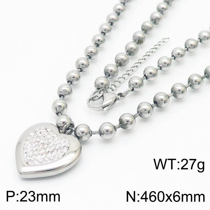 Kalen 6mm Bead Chain Zircon Heart Pendant Bracelet Necklace Jewelry Set For Women - kalen