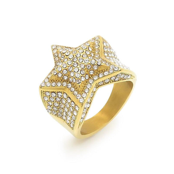 Kalen Hip Hop Zircon Star Gold Plated Stainless Steel Ring for Men Women - kalen