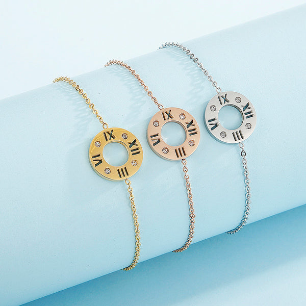 Wholesale Stainless Steel Roman Numeral Circle Bracelet with Rhinestones – Kalen