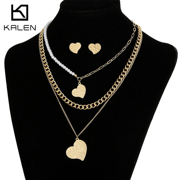 Double-layer clavicle heart-shaped necklace and stud earrings jewelry set