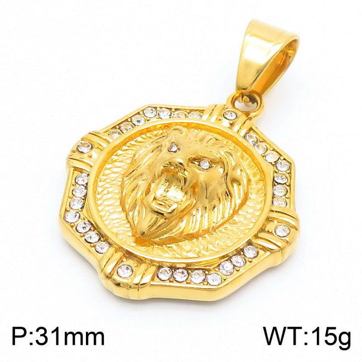 Kalen Hip Hop Zircon Lion Gold Plated Stainless Steel Coin Pendant Necklace for Men Women - kalen