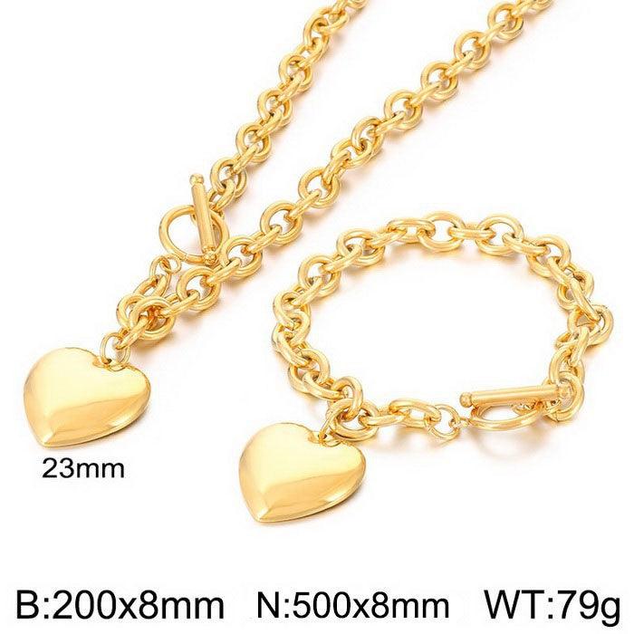 Kalen Stainless Steel 18K Gold Plated Loop Chain Heart Charm Wholesale Bracelets Necklace Jewelry Set for Women - kalen