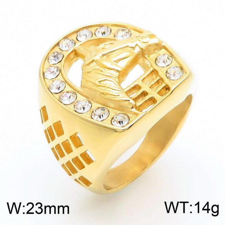 Kalen Hip Hop Zircon Horse Gold Plated Stainless Steel Ring for Men Women - kalen