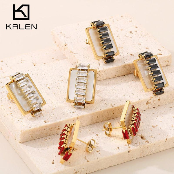 Kalen Stainless Steel Rectangle Colorful Zircon Tennis Chain Stud Earrings for Women - kalen