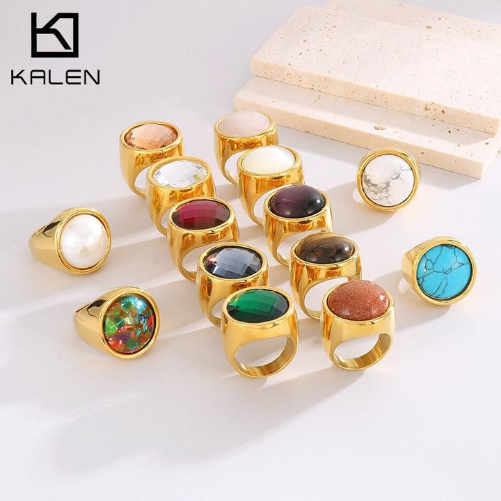 22mm KALEN Wholesale Stainless Steel Natural Stone Glass Rings For Women - kalen