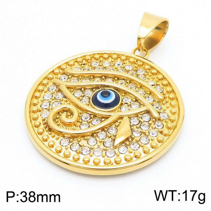 Kalen Hip Hop Zircon Evil Eye Gold Plated Stainless Steel Round Pendant Necklace for Men Women - kalen