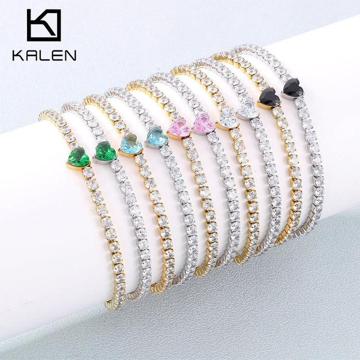 Kalen 3mm Stainless Steel Zircon Tennis Chain Heart Charm Wholesale Bracelet for Women - kalen