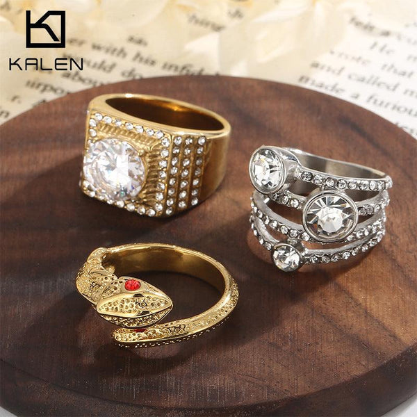 Kalen HipHop Wholesale Stainless Steel Gold Plated Zircon Ring for Women - kalen