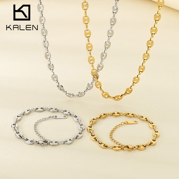 18K Gold Pig Nose Chain Necklace & Bracelet Jewelry Set