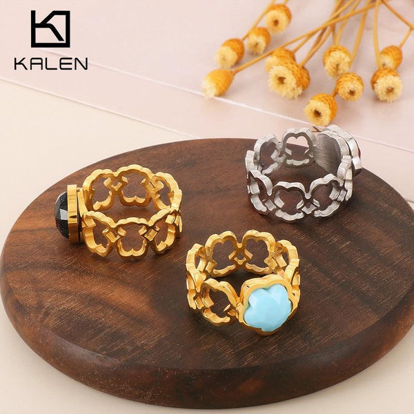 KALEN Wholesale Stainless Steel Natural Stone Zircon Heart Flower Rings For Women - kalen