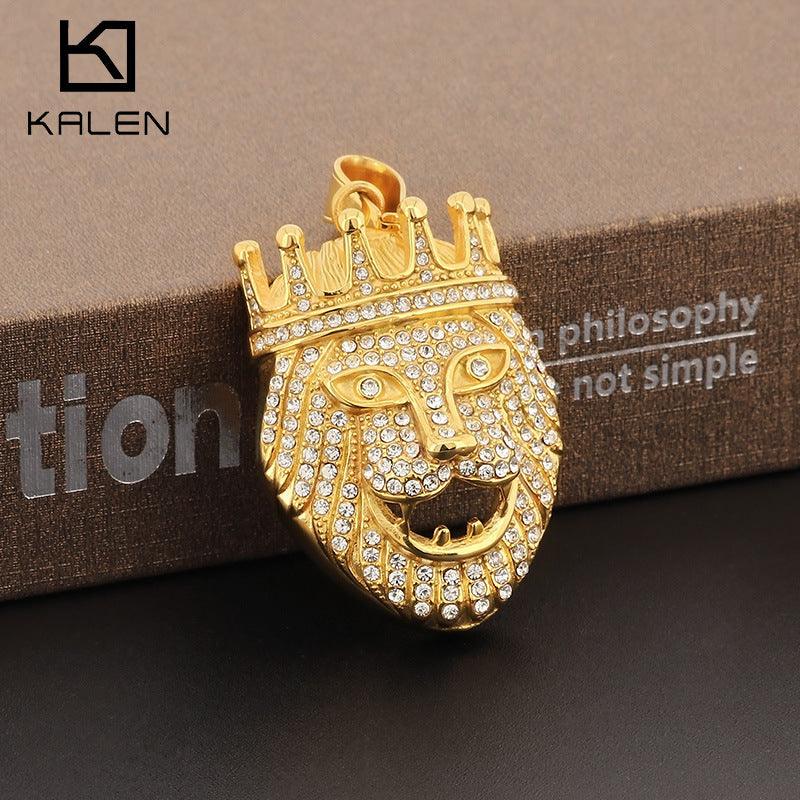 Kalen Hip Hop Zircon Lion Gold Plated Stainless Steel Tag Pendant Necklace for Men Women - kalen