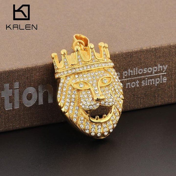 Kalen Hip Hop Zircon Lion Gold Plated Stainless Steel Tag Pendant Necklace for Men Women - kalen