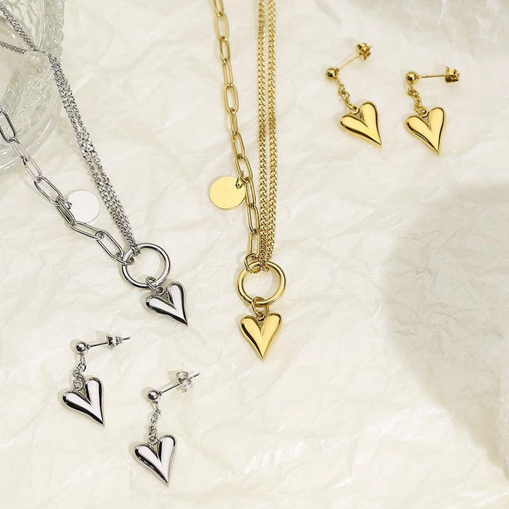 Kalen Chain Loop Chain Heart Pendant Necklaces Drop Heart Earrings Jewelry Set For Women - kalen