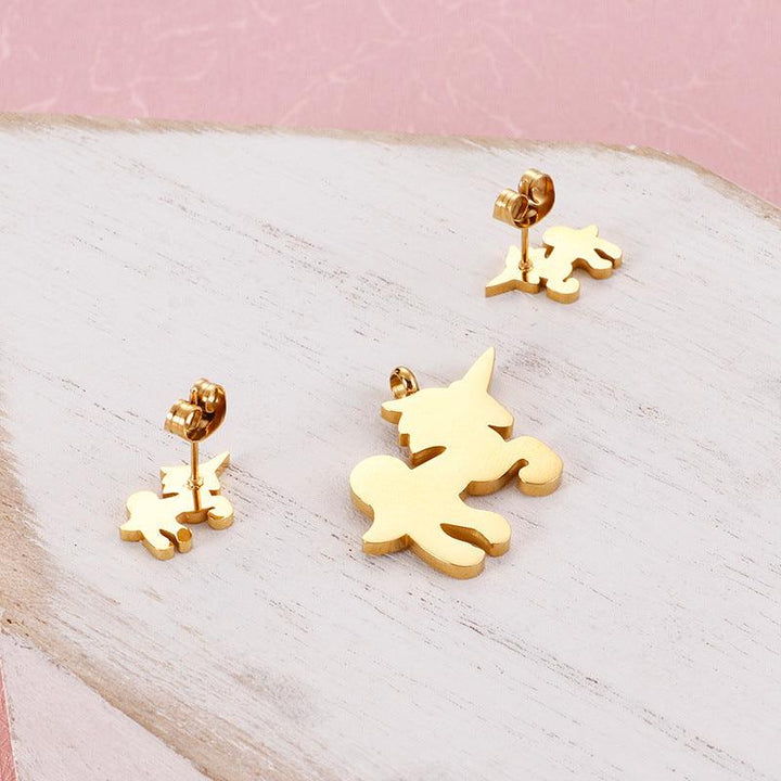 Kalen Stainless Steel Cute Enamel Unicorn Stud Earrings Pendant Necklace Set for Women - kalen