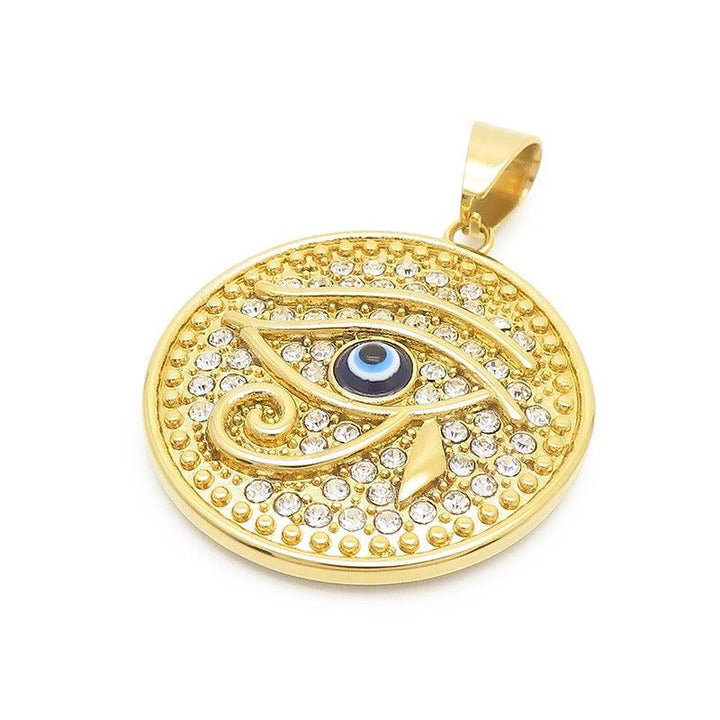 Kalen Hip Hop Zircon Evil Eye Gold Plated Stainless Steel Round Pendant Necklace for Men Women - kalen