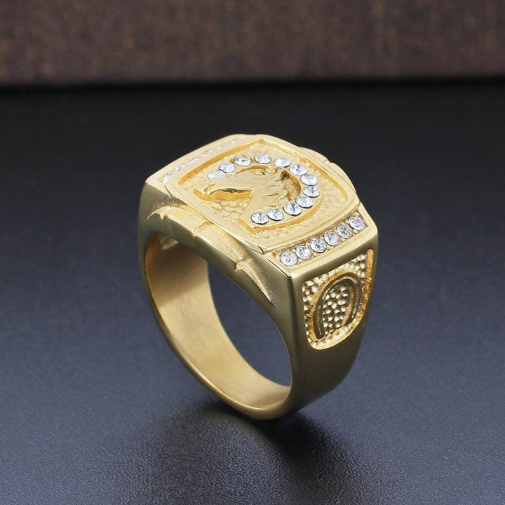 Kalen Hip Hop Zircon Horse Gold Plated Stainless Steel Ring for Men Women - kalen