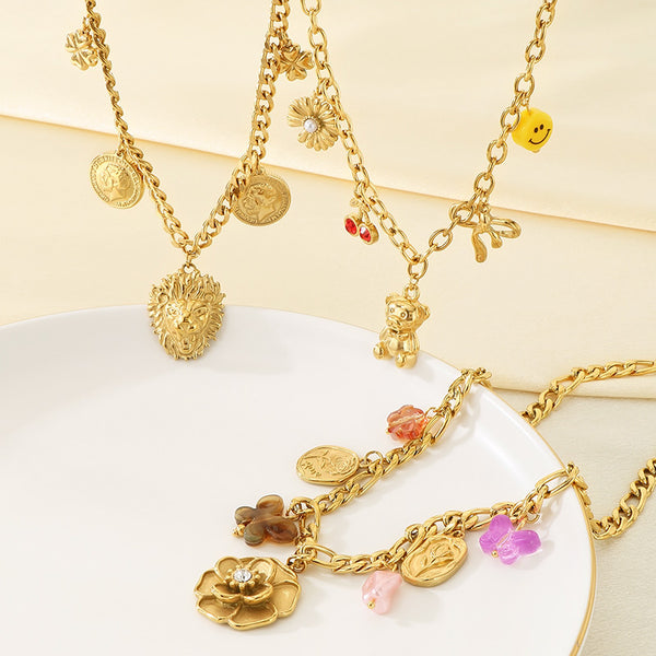 Gold Cuban Chain Bear, Lion & Flower Pendant Necklace