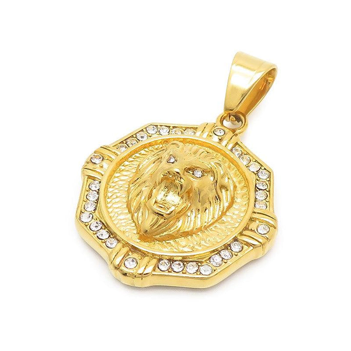 Kalen Hip Hop Zircon Lion Gold Plated Stainless Steel Coin Pendant Necklace for Men Women - kalen