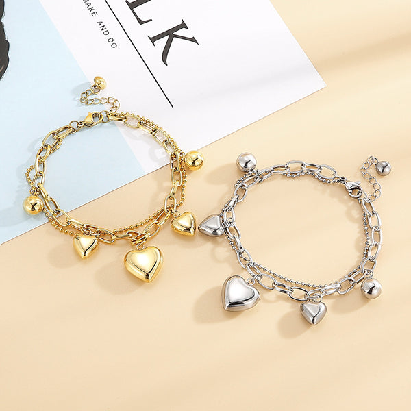 Titanium Electroplated Double-Layer Heart Pendant Bracelet