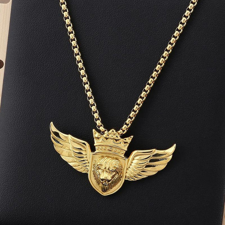 Kalen Hip Hop Angel Wings Lion Gold Plated Stainless Steel Pendant Necklace for Men Women - kalen