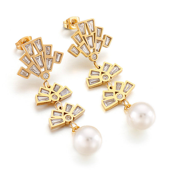 Wholesale Kalen Fan Design Pearl Drop Stud Earrings with Zircon