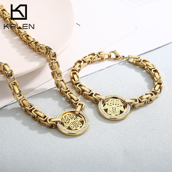 Kalen Stainless Steel Byzantine Chain Palm Zircon Round Pendant Necklace for Women - kalen
