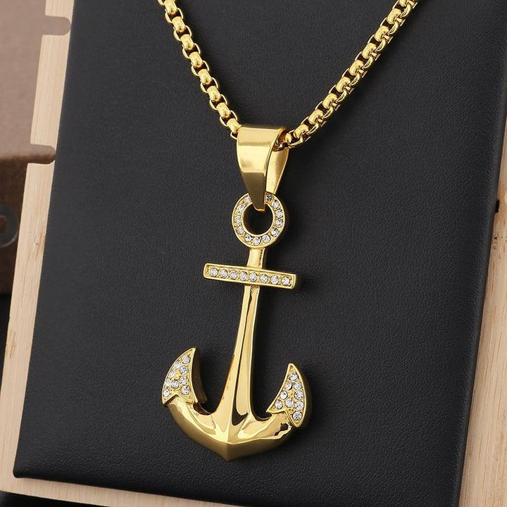 Kalen Hip Hop Zircon Anchor Gold Plated Stainless Steel Pendant Necklace for Men Women - kalen