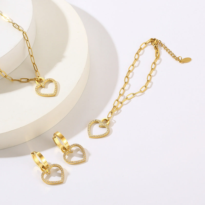 Stainless Steel Hoop Earrings with CZ Rhinestone Heart Pendant - view 1