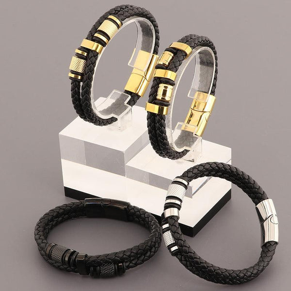 KALEN 10mm Cowhide Leather Stainless Steel Bracelet for Men - kalen