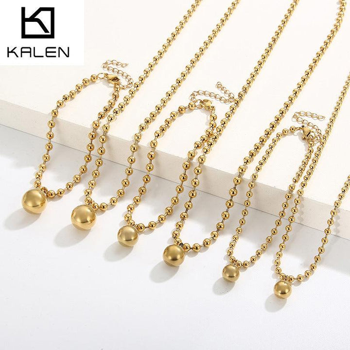 Kalen Stainless Steel 18K Gold Plated Bead Chain Ball Charm Wholesale Bracelets Necklace Jewelry Set for Women - kalen