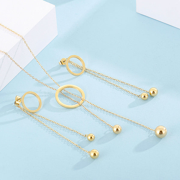 Wholesale Stainless Steel Circle Pendant Necklace and drop Earrings Set with Long Chain Tassel – Kalen
