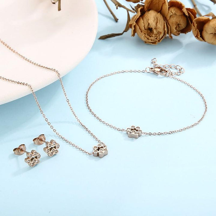 Kalen Stainless Steel Cute Paw Zircon Stud Earrings Necklace Bracelet Set for Women - kalen