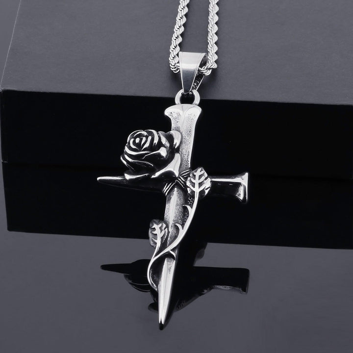 Kalen Punk Rose Cross Stainless Steel Pendant Necklace for Men Women - kalen