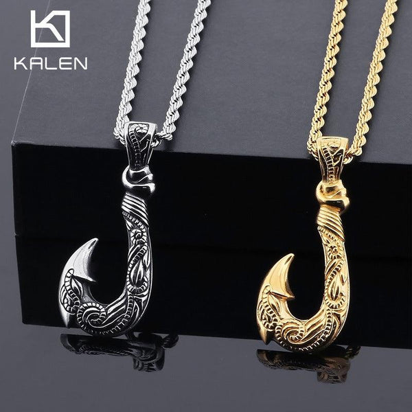 Kalen Viking Fishhook Gold Plated Stainless Steel Pendant Necklace for Men Women - kalen