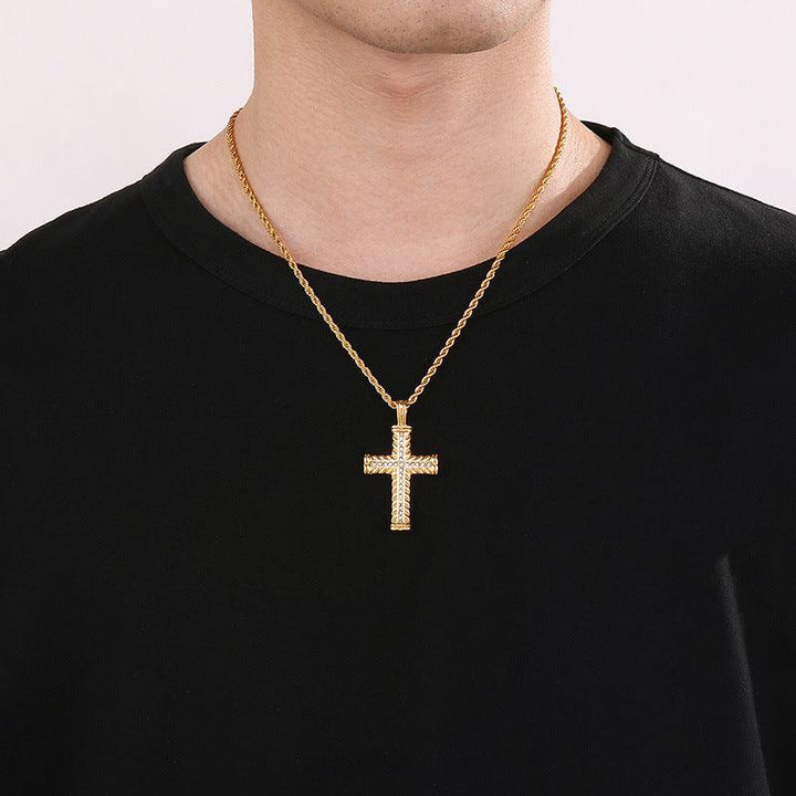 Kalen Hip Hop Viking Zircon Cross Gold Plated Stainless Steel Pendant Necklace for Men Women - kalen