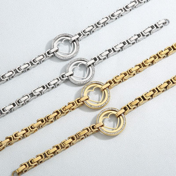 Kalen Stainless Steel Byzantine Chain Heart Round Pendant Necklace for Women - kalen