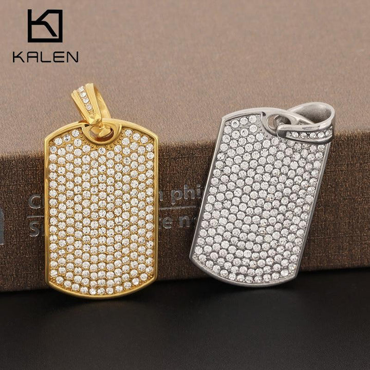 Kalen Hip Hop Zircon Gold Plated Stainless Steel Tag Pendant Necklace for Men Women - kalen