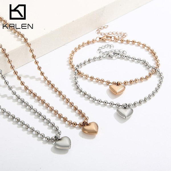 Kalen 4mm Bead Chain Heart Pendant Bracelet Necklace Jewelry Set For Women - kalen