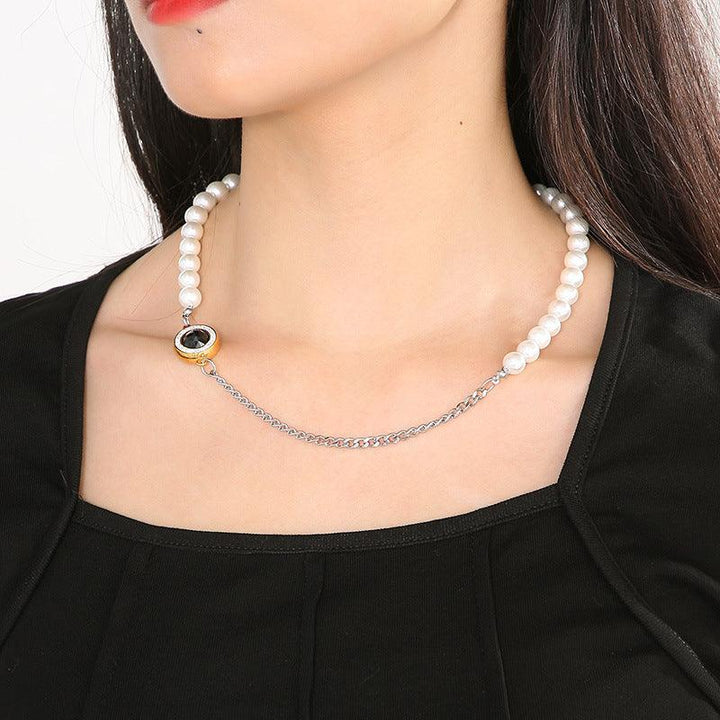 Stainless Steel Pearl Cuban Chain Round Pendant Necklace - kalen