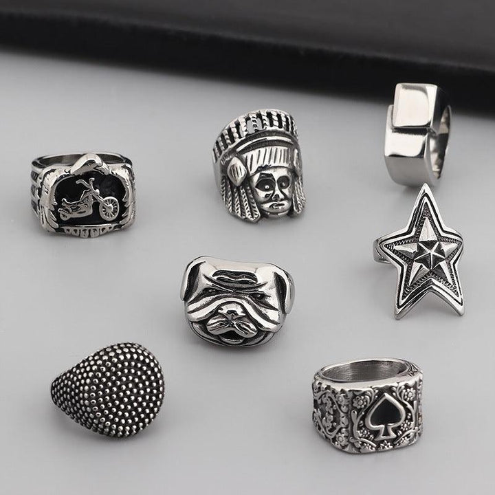 Hip Hop Wholesale Stainless Steel Rings Pentagram Anchor Indian Spades Heart Ring for Men - kalen