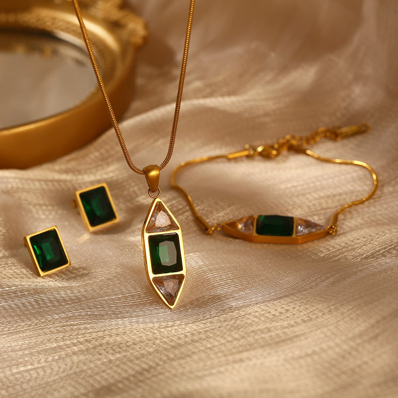 Emerald Green Necklace, Bracelet and Stud Earrings Jewelry Set with Clear Rhinestones - view 1